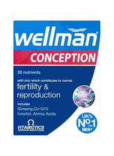 Wellman Conception tablets for men featuring 30 nutrients for fertility and reproduction support